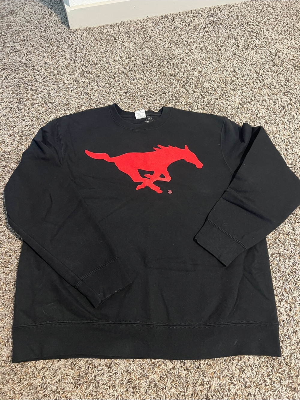Black Crewneck Sweatshirt with Red Horse Graphic SMU Dallas